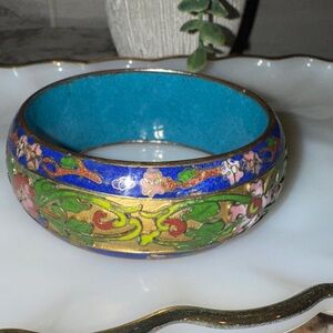 Authentic Cloisonne Enamel Wide Flower Bangle Bracelet Green Blue Design